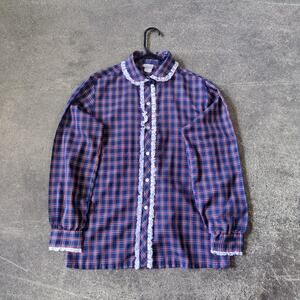 Vintage JCPenney Shirt Womens M Blue Plaid Lace Cottage Prairie Button Up